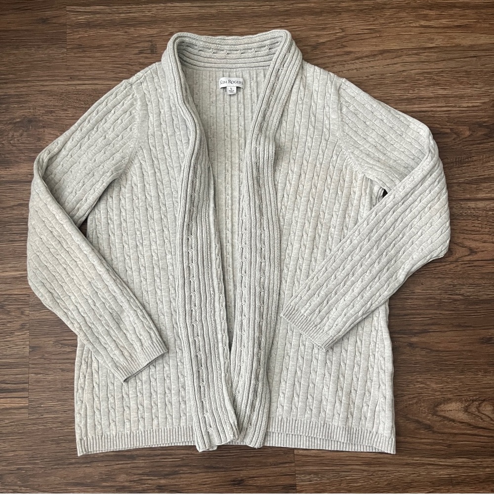 Kim Rogers Gray Cable Knit Open Cardigan • Size L • Cozy Neutral Layer